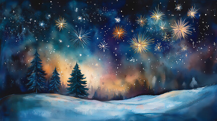 Celestial Serenity: An ethereal watercolor painting captures a tranquil winter scene, featuring a starlit sky ablaze with celestial fireworks, shimmering snow, and frosted evergreen trees.