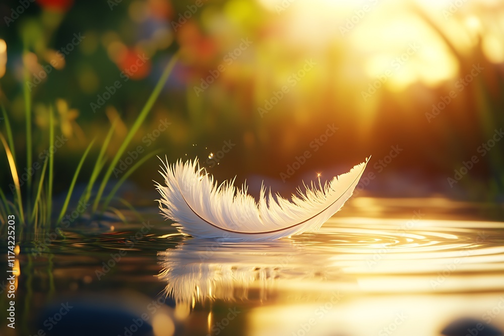 Aufkleber Serene Feather Floating on Calm Water at Sunset in Tranquil Nature Setting : Generative AI