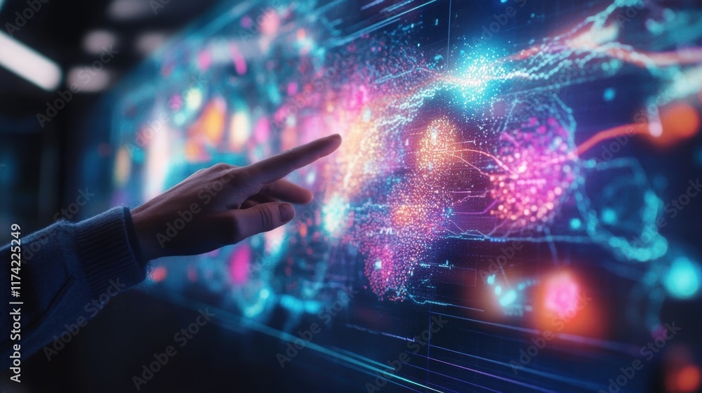 Poster software engineer is touching a futuristic, interactive data visualization screen displaying global 