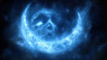 Glowing blue crescent moon in space.