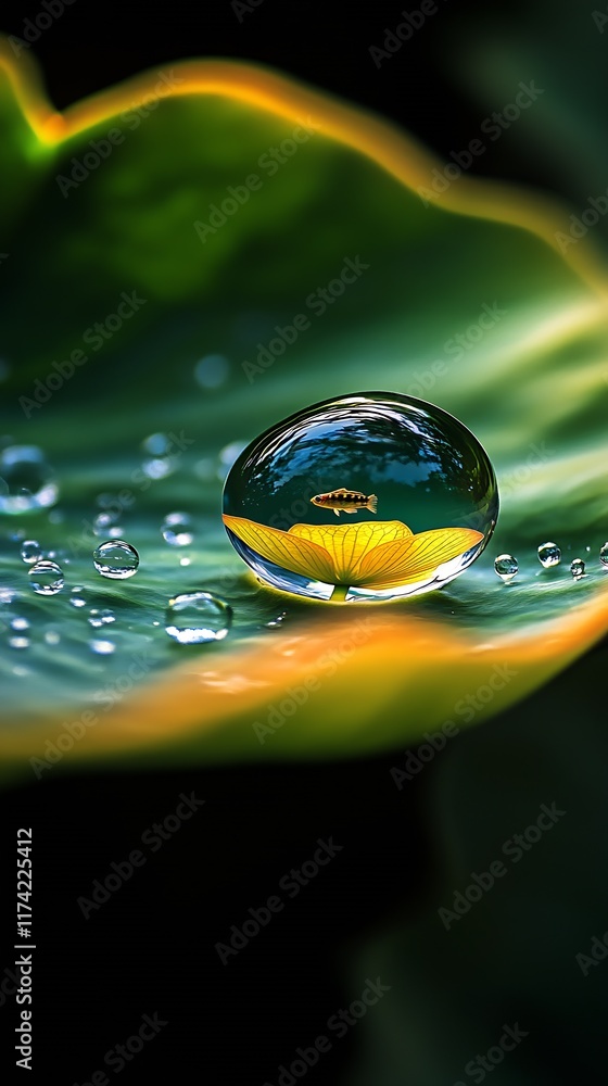 Poster macro shot of raindrop on leaf with sunlit yellow flower reflection in nature : generative ai