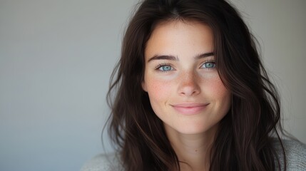 A woman with brown hair and blue eyes is smiling for the camera