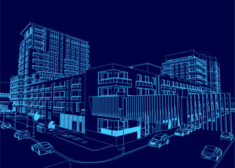 Blue drawing of a city street with a large building in the background. The street is lined with parked cars and a few pedestrians. Scene is urban and busy © German Ovchinnikov