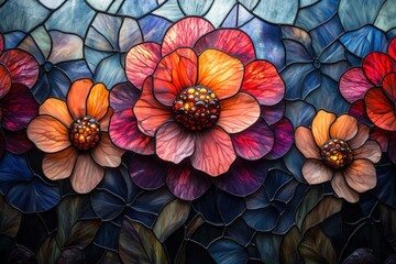 Art Nouveau Stained Glass Window Floral Design with Vines Plants and Colorful Patterns