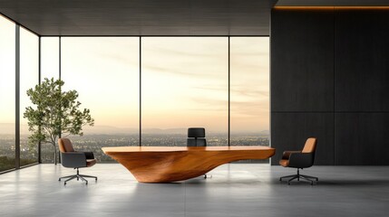 Scandinavian Rustic Charm: Live Edge Table & Wooden Armchairs in Modern Living Room with Window Views