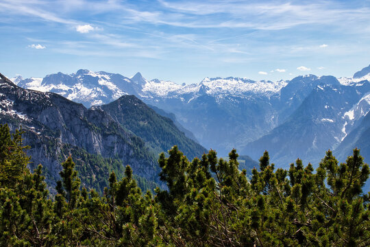 Snow on mountain in the Alps on a spring day at the Eagle's Nest in Bavaria, Germany.