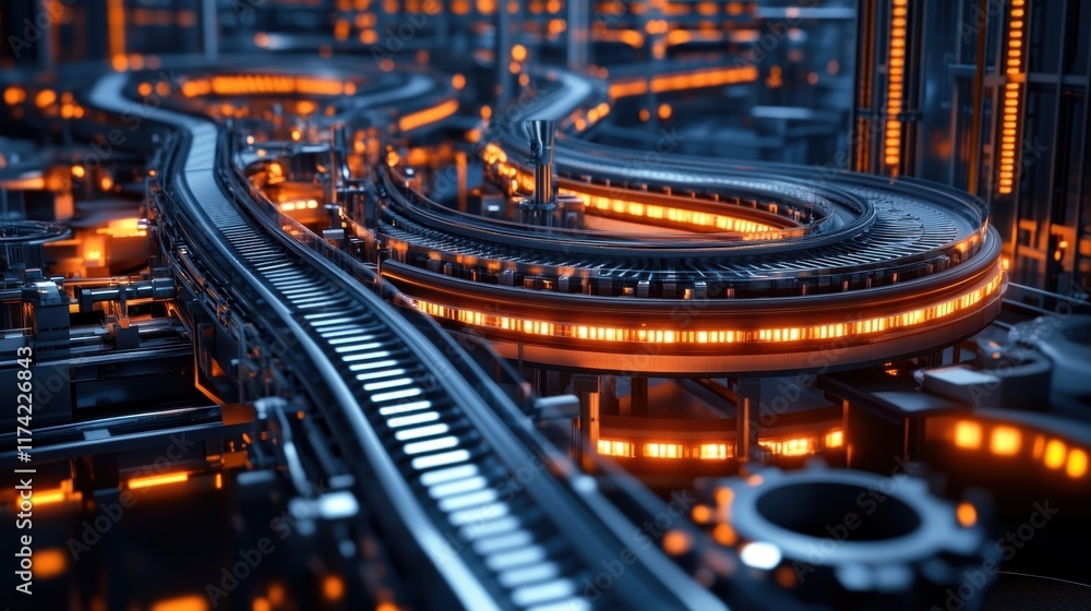 Poster orange lights illuminate a complex network of conveyor belts transporting goods within a state of th