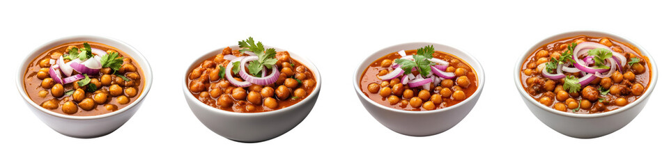bowl of chole, spiced chickpea curry, garnished with onions and herbs, showcases vibrant colors and textures