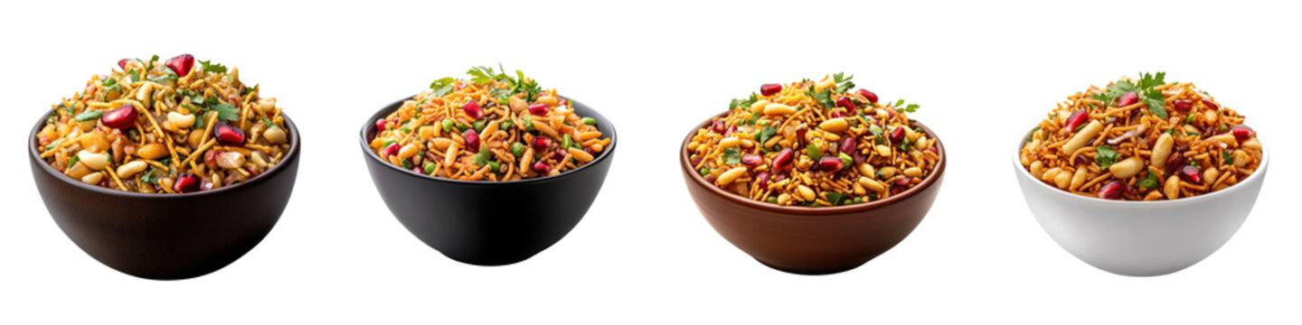 Crunchy and tangy bhel puri served in four bowls, delightful street food