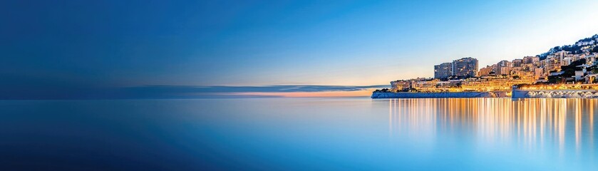 Obraz premium A serene coastal view at dawn, featuring calm waters reflecting the blue sky and illuminated buildings along the shoreline.