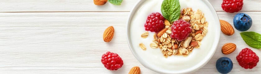Fototapeta premium A delicious bowl of yogurt topped with fresh berries, almonds, and mint leaves, perfect for a healthy breakfast or snack.