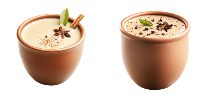 Creamy masala chai tea in clay cups with spices and herbs, inviting aroma