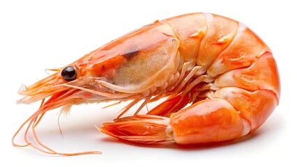 High-resolution image: delicious, cooked shrimp, peeled and isolated, showcasing their pristine white against a clean backdrop.