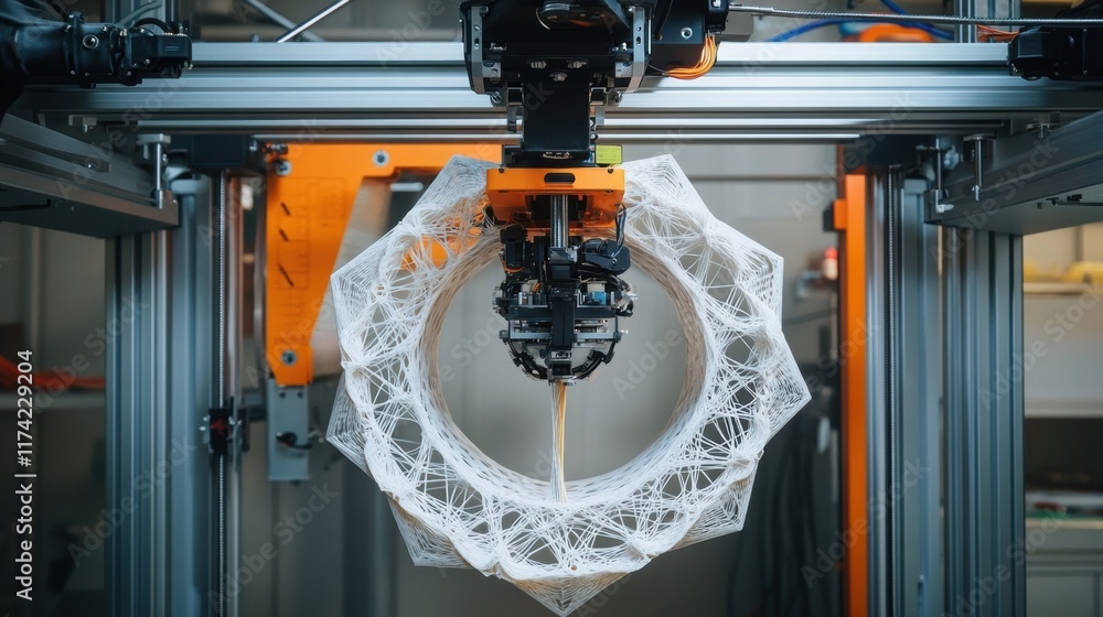 Poster modern 3d printer is creating a complex white plastic object using innovative technology in a labora