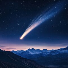 A comet is shooting through the sky above a mountain range