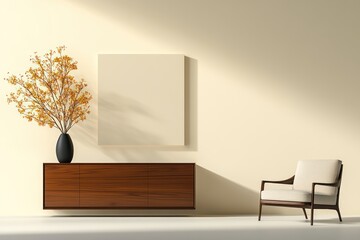Rustic Charm: 3D Render of Living Room with Wooden Sideboard and Armchair