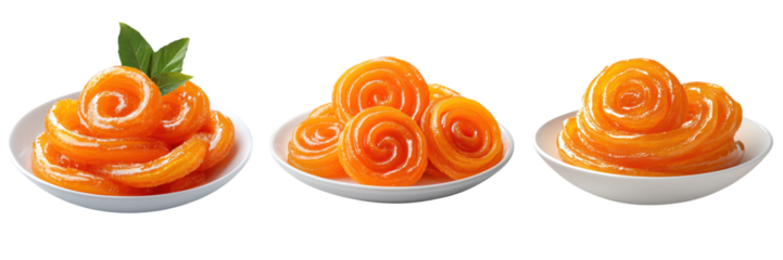 Crispy jalebi dessert in orange spirals served on white plates, delicious