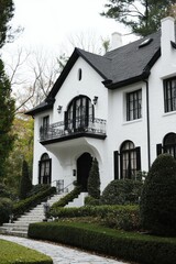 Elegant white mansion with a detailed facade and manicured landscaping located in a serene neighborhood during a cloudy day