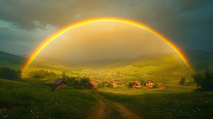 Naklejka premium Double rainbow arches over mountain village amid rolling hills, dramatic stormy sky bathes scattered houses in golden sunset light, creating ethereal atmosphere in rural countryside.
