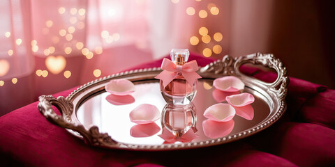 Romantic Perfume Bottle on Ornate Silver Tray with Rose Petals and Soft Bokeh Lights