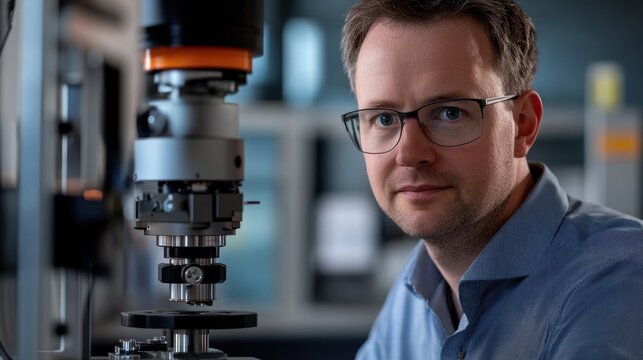 Portrait of an engineer working with a universal testing machine, performing material testing in an industrial laboratory, showcasing innovation and precision