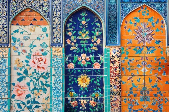 Colorful floral tiles decorating the shah jahan mosque in thatta, pakistan