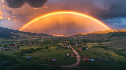 Obraz premium Double rainbow arches over mountain village amid rolling hills, dramatic stormy sky bathes scattered houses in golden sunset light, creating ethereal atmosphere in rural countryside.