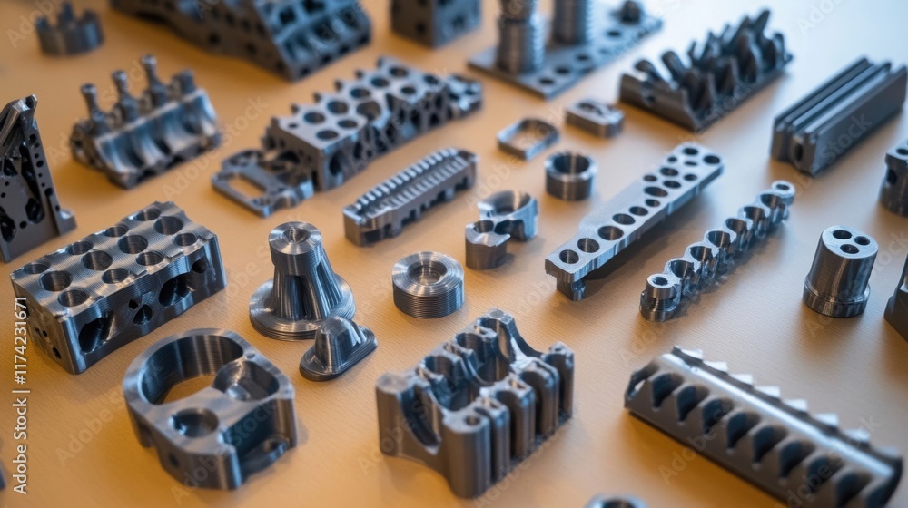 Poster different metal prototypes are displayed on a table, showcasing the capabilities of additive manufac