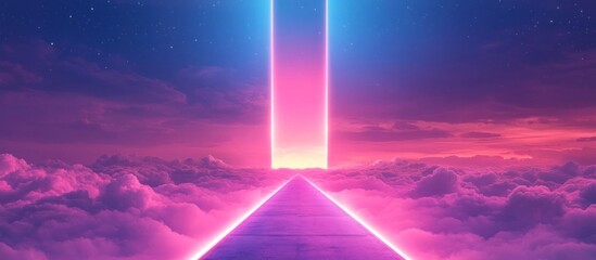 Fototapeta premium Majestic futuristic landscape with a glowing pyramid shaped portal or gateway leading to an ethereal cosmic beyond The sky is filled with dramatic vibrant hues of pink purple and blue