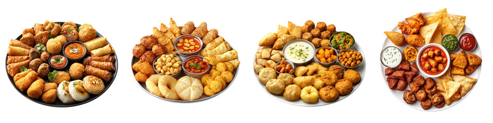 vibrant platter of assorted Indian street snacks, featuring samosas, pakoras, and chutneys, perfect for sharing