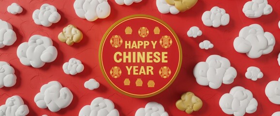 Naklejka premium Happy Chinese New Year banner on a red background with a paper-cut clouds and lanterns pattern, and a golden outline of the circular frame border design.