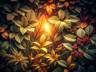 Fototapeta premium Lush foliage and twisting branches bathed in dramatic, vintage-style spotlight; high-resolution.