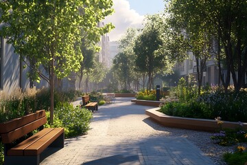 A serene park pathway lined with trees and benches, inviting relaxation and nature appreciation.