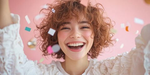 Fototapeta premium A woman with curly hair is smiling and throwing confetti in the air