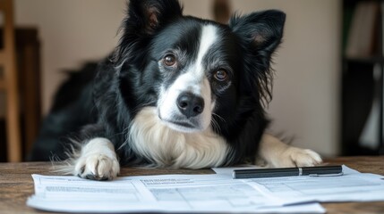 Adorable Border Collie Dog Resting on Documents, Pen Nearby, Home Office Setting,  Close Up Portrait of a Pet. generative ai