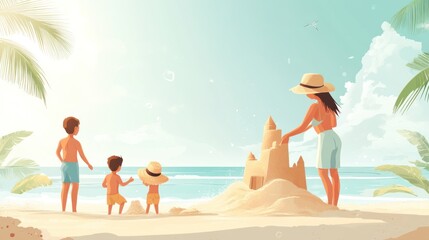 Family building sandcastle on sunny beach. (1)