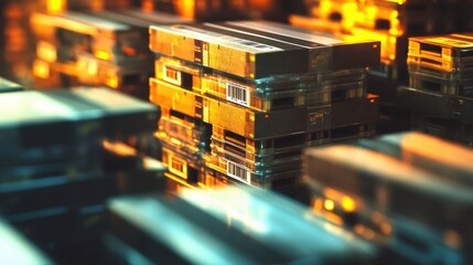 Server room reflecting light showing data storage reflecting on floor, creating an abstract and futuristic atmosphere with a warm color palette