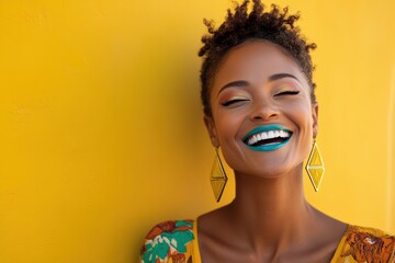 A woman with green lips and gold earrings is smiling at the camera