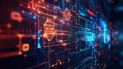 Abstract technology background features vibrant neon lights arranged in geometric forms, creating a dynamic and futuristic digital wallpaper showcasing artificial intelligence