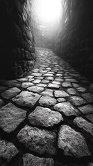 Narrow winding cobblestone pathway leading through a moody atmospheric corridor surrounded by towering stone walls and shrouded in mystery and intrigue  The image evokes a sense of and discovery