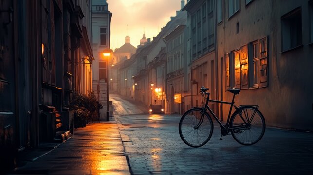 A bicycle rests on a quiet, rain-slicked street at dusk, the warm glow of streetlights reflecting on the cobblestones. - Powered by Adobe