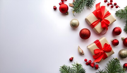 Christmas and New Year holiday background. Xmas greeting card. Christmas red ribbon gifts an