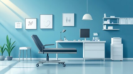 Modern medical office interior with examination table, desk, and sunlight.
