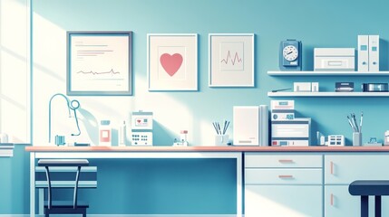 Sunlit medical office with desk, equipment, and charts.