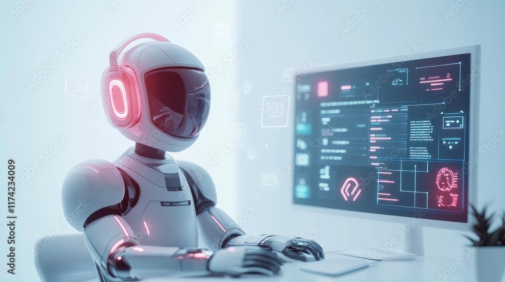 Poster futuristic robot using computer, ai, technology.