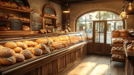Fototapeta premium Modern artisanal bakery showcases warm wooden elements, glass displays with fresh bread, rustic loaves on shelves, ambient lighting creating cozy atmosphere, golden-brown goods arranged professionally