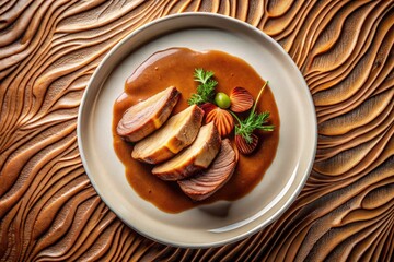 Modern food photography: a drone's-eye perspective of roast beef, set against a striking clay backdrop.