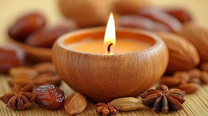 Fototapeta premium Warm candlelight enhances relaxation with aromatic spices and dates. Perfect for creating a tranquil spa or meditation atmosphere.