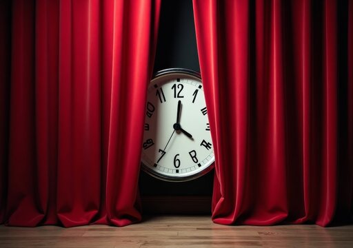 Clock behind red curtains creating a dramatic atmosphere in a theatrical setting - Powered by Adobe