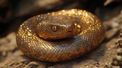 Fototapeta premium Golden snake coiled on rock, close-up.